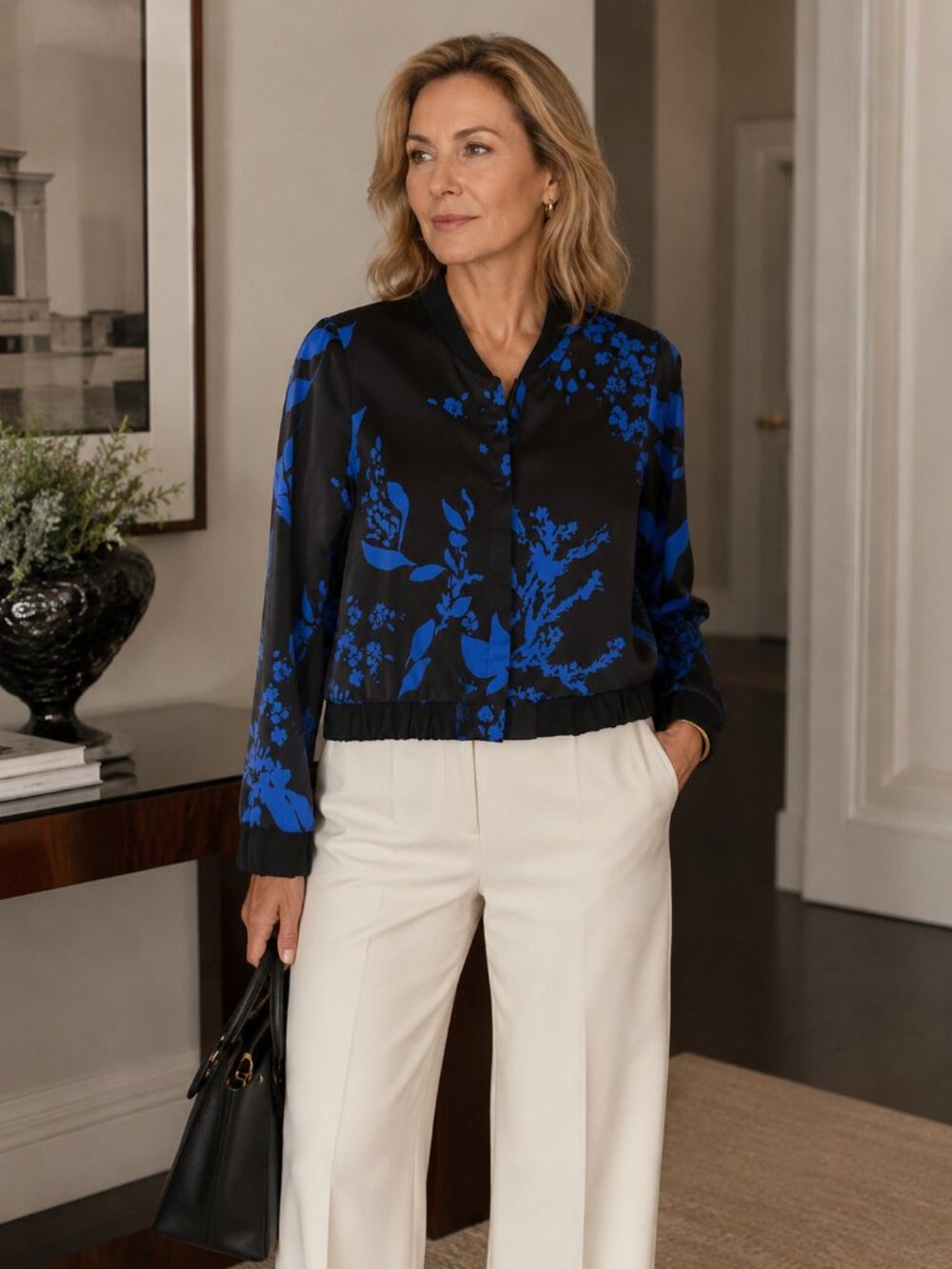 JUDITH & CHARLES Satin Floral Cropped Bomber Jacket Contemporary Career Chic 8